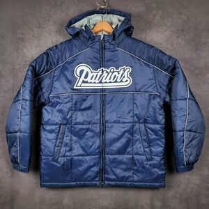 New England Patriots NFL Puffer Jacket Mens Large Blue Hooded Quilted Full Zip